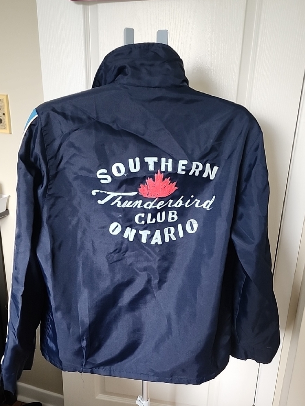 VINTAGE FINDSouthern Thunderbird Club Ontario Navy Jacket with Red Maple Graphic